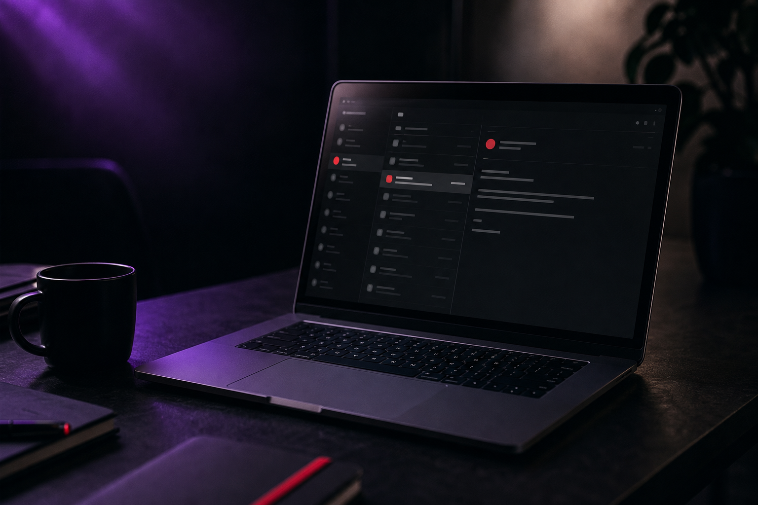 Email welcome sequence workflow on laptop in dark moody studio setting.