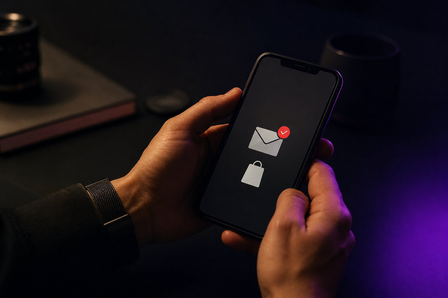 Post-purchase email follow-up workflow notification on smartphone in dark studio setting.