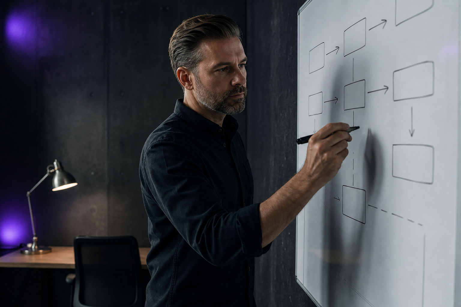 service business owner mapping CRM workflow stages on a whiteboard.