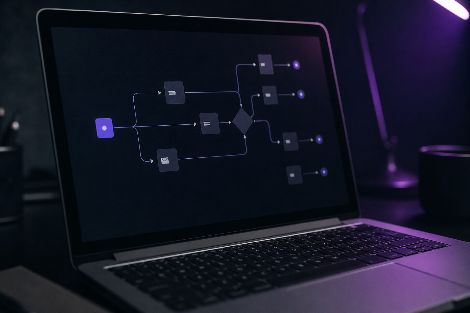 CRM automation workflow diagram on laptop screen for service business.
