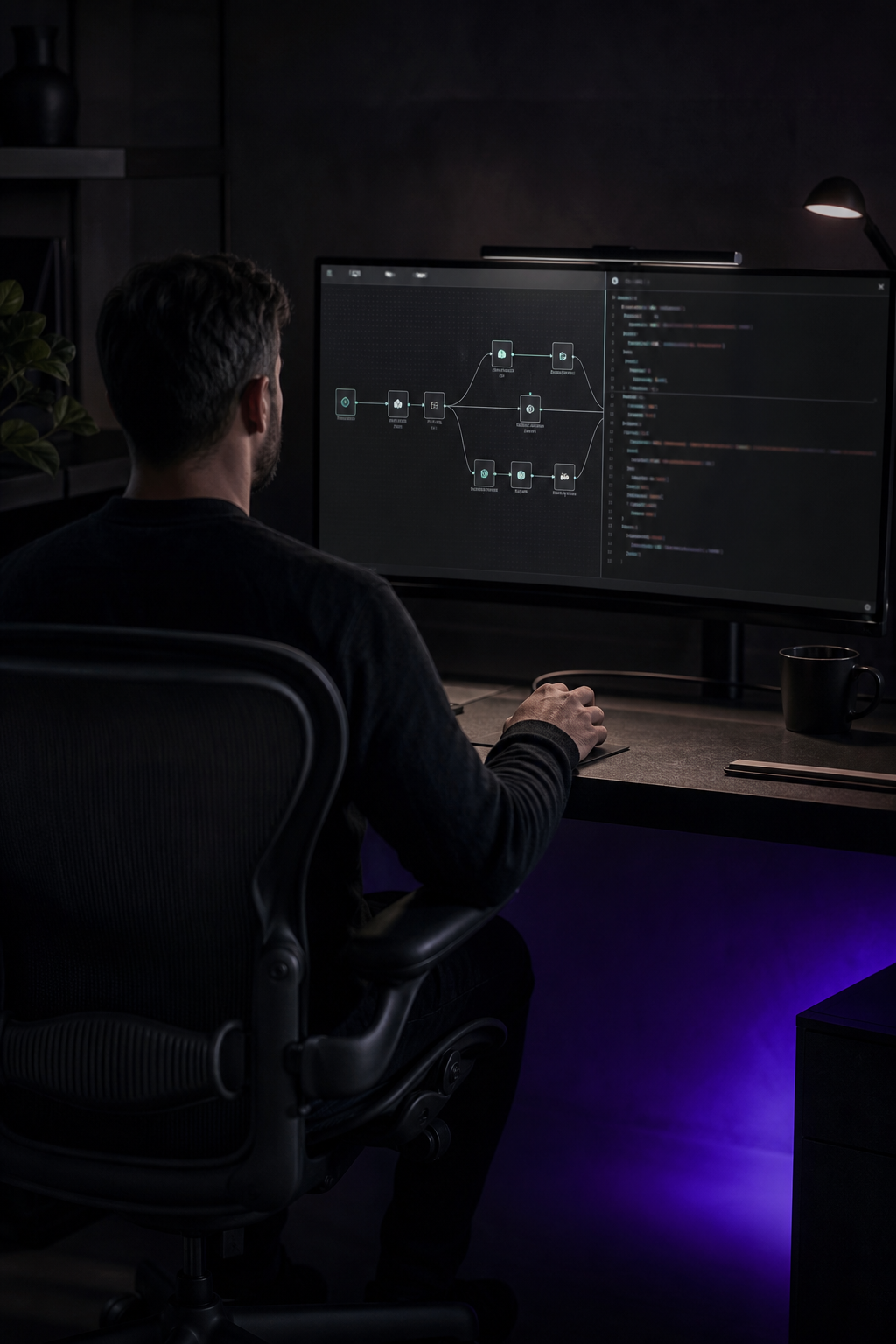 Editorial magazine photography, cinematic 35mm film aesthetic, moody dark studio lighting, a developer's workstation showing a node-based workflow diagram on a large monitor with code editor open in a split pane, deep charcoal and brushed steel tones dominate, electric violet purple rim light accent in lower corner, hyperrealistic, shot on Leica prime lens, natural film grain, no readable text, no logos. Alt: Developer customizing an n8n self-hosted workflow with code nodes for business automation.